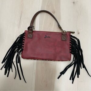 EUC Justin Leather Cheetah Print Fringe Wristlet Red Black Brown Western